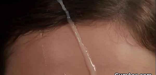  Sexy centerfold gets cum load on her face gulping all the jizz